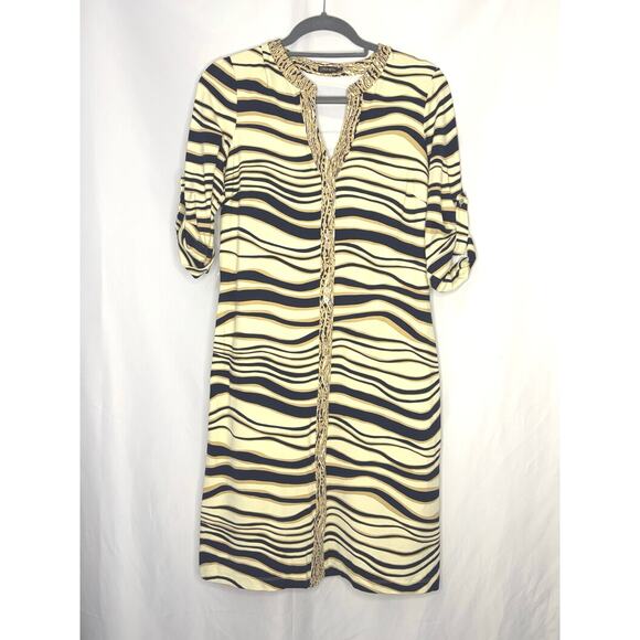 0 to 7 Dresses & Skirts - J McLaughlin Dress Small Wavy Stripe Animal Print Trim 3/4 Sleeve Button